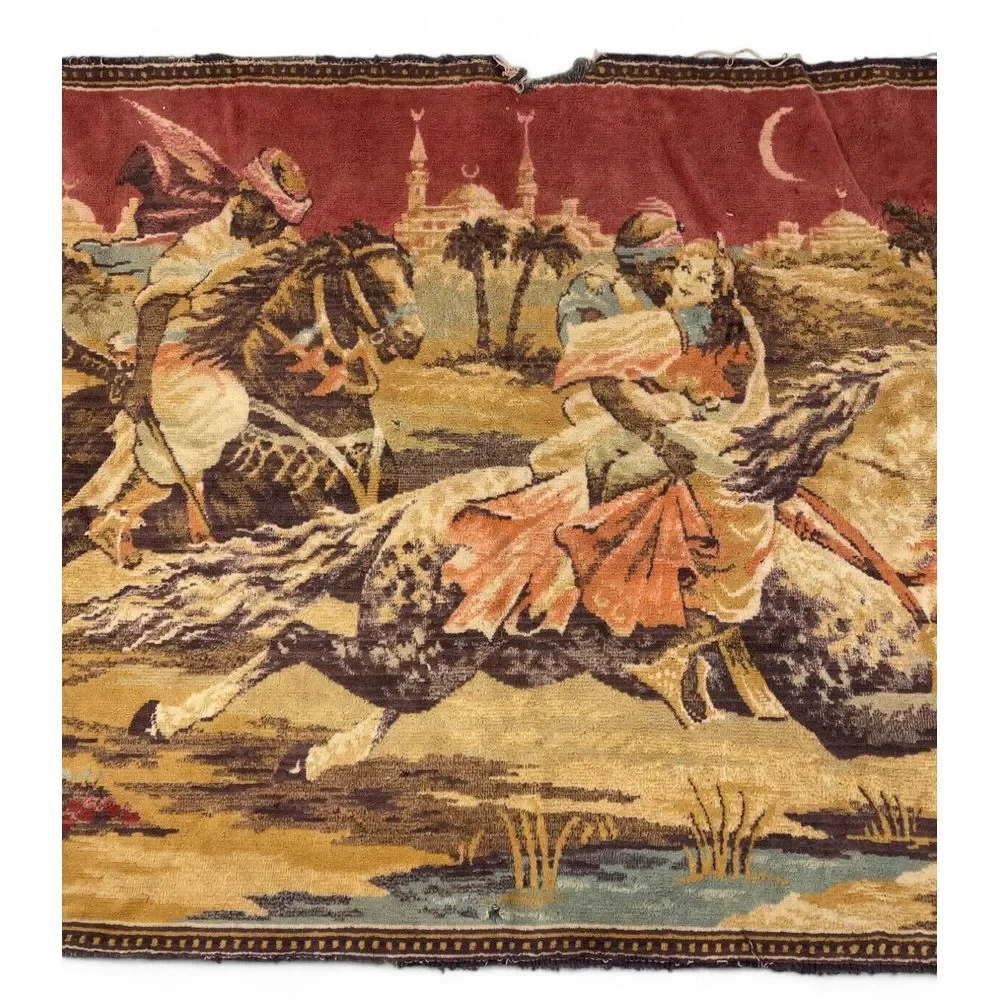Vintage Arabian Nights Tapestry Middle Eastern Men Horses Wall Hanging 43x23